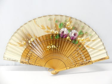 Antique Hand Painted & Carved Wood Ladies Hand Fan
