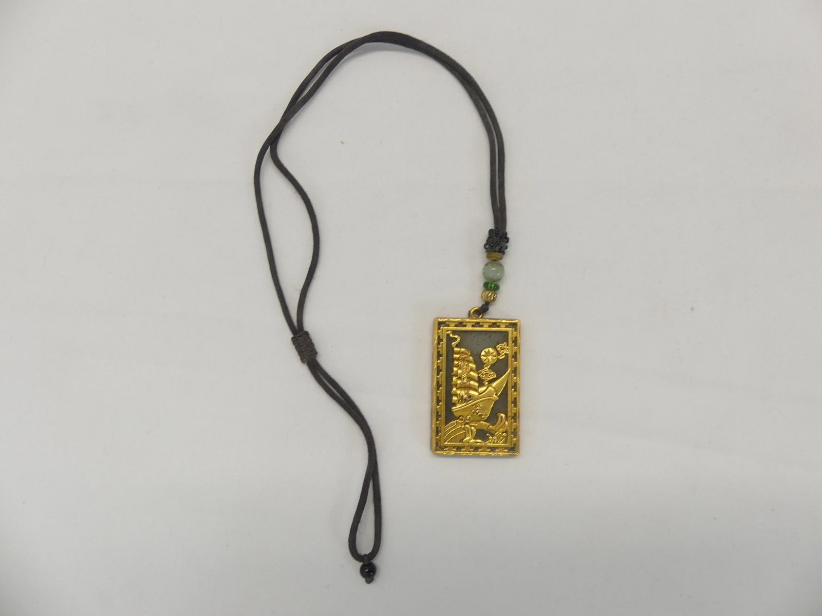 Antique Chinese White Jade & Brass Carved Pendant with Ship: approx. 2 x 1 3/4 pendant, see photo's