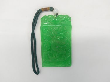 Antique Chinese Hand Carved Green Jade Pendant with Dragon