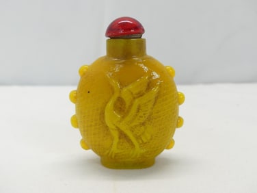 Antique Yellow Asian Snuff Bottle with Prehistoric Bird