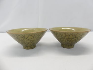 Pair of Antique Chinese Celadon Green Crackle Finger Bowls