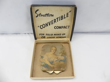 Antique Silk Covered Compact by Stratton in Original Box