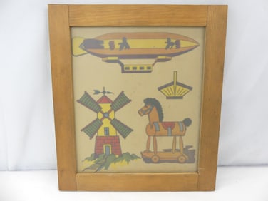 Vintage Children's Picture, Windmill, Horse, & Blimp