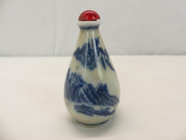 Antique Chinese Blue & White Porcelain Snuff Bottle, Signed