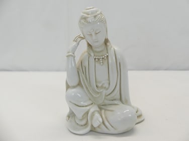 Antique Hand Carved White Glazed Chinese Goddess, Signed