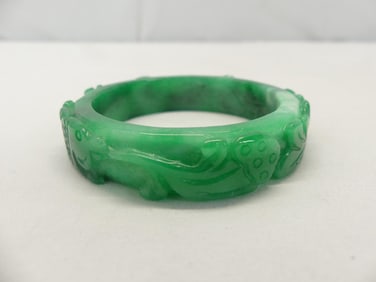 Vintage Hand Carved Green Jade Bangle Bracelet