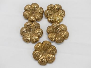 Lot of 5 Antique Black Jet with Gold Leaf Flower Buttons