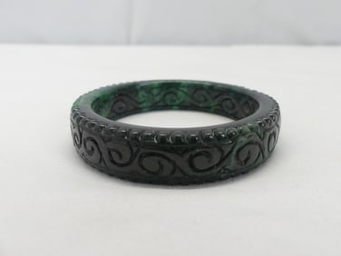 Vintage Chinese Hand Carved Dark Green Jade Bangle