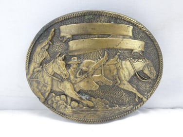 Vintage Brass Belt Buckle with Racing Horses