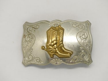 Vintage Nickle Silver Belt Buckle with Western Boots in Gold Tone