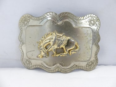 Vintage Silver & Gold Belt Buckle with Bucking Horse