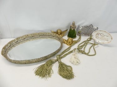 Vintage Mirrored Dresser Tray with Various Other Items