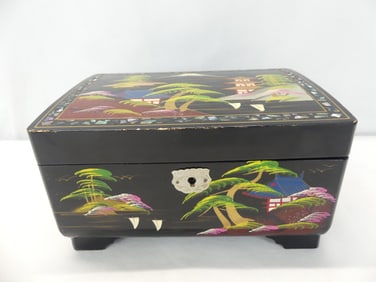 Vintage Black Lacquer Japanese Musical Jewelry Box with MOP