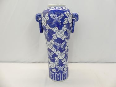 Chinese Blue & White Dbl Elephant Handle Porcelain Vase Signed