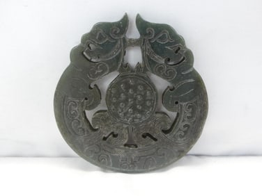 Antique Chinese Hand Carved Jade Plaque  with Dragons