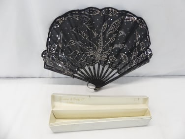 Antique Ladies Hand Fan, Black Sheer Silk & Tiny Silver Sequin