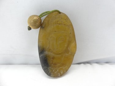 Antique Hand Carved Jade Goddess Pendant with Gold Tone Bead