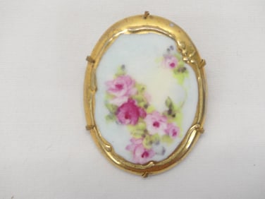 Antique Hand Painted Porcelain Limoges Brooch with Flowers