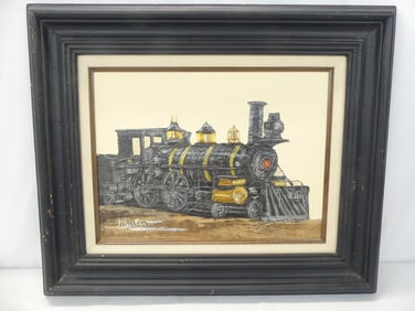 Vintage Oil on Canvas by Walcut, Train Engine