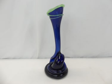 Rare Vintage Harko Blown Glass Bud Vase Cobalt Blue & Green