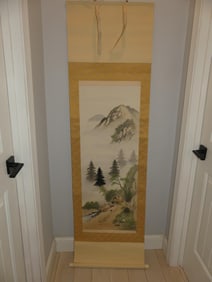 Vintage Signed Watercolor Scroll Landscape with Home & Mountains