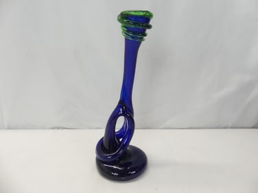 Rare Signed Harko Cobalt Blue & Green Blown Glass Vase