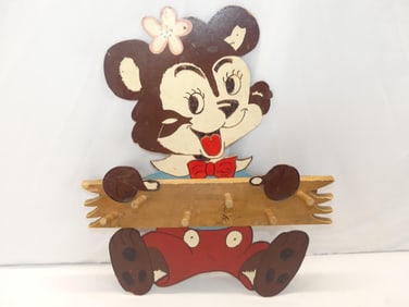Vintage Hand Painted Childs Hanging Coat Rack with Bear Cub