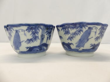 Pair of Antique Blue & White Hand Painted Porcelain Rice Bowls