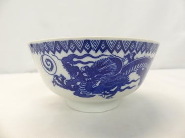 Chinese Chasing Dragon Hand Painted Blue & White Porcelain Bowl