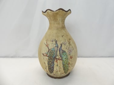 Antique Japanese Hand Painted Metal Peacock Vase