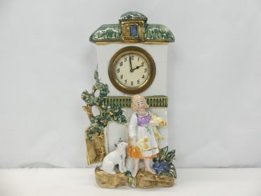 Vintage Hand Painted Porcelain Clock with Girl & Dog, USA