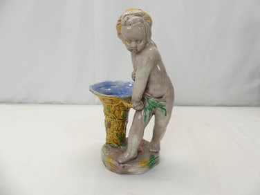 Antique Majolica Girl Figurine with Basket Vase