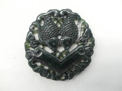Antique Chinese Hand Carved Jade Double Koi Fish Pendant: carved fret work, approx. 1 3/4 inches, see photo's