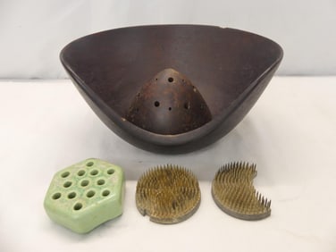 Antique Wood Flower Bowl with 4 Flower Frogs