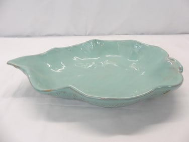 Large Antique Signed Chinese Green Porcelain Leaf Bowl