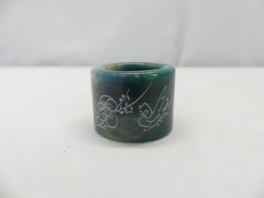 Signed Chinese Jade Archers Ring with Carved Flowers & Birds