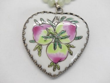 Vintage Jade Beaded Necklace & Hand Painted Porcelain Pendant