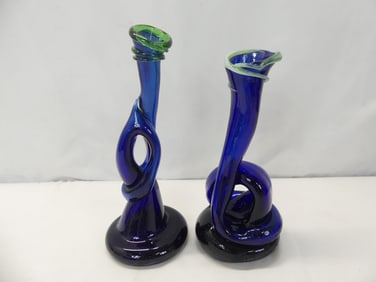 Lot of 2 Rare Blue & Green Blown Glass Signed Harko Vases