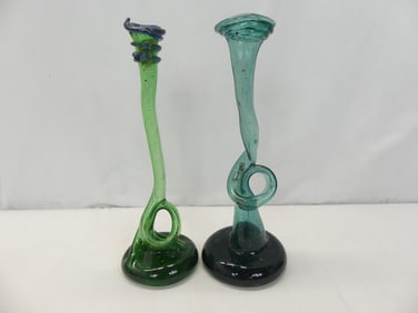 Lot of 2 Rare Signed Harko Art Glass Bud Vase Green with Blue