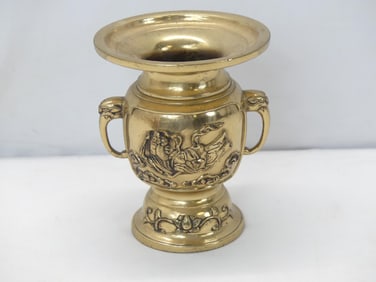 Vintage Signed Chinese Brass Vase with Elephants & Goddess