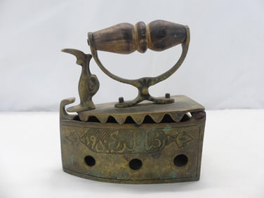 Antique Signed Persian Brass Charcoal Sad Iron with Wood Handle