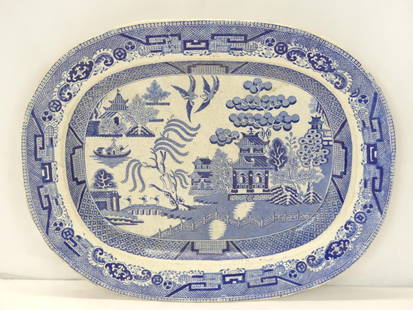 Antique Blue Willow Flow Blue Ironstone Platter: approx. 14 1/2 x 11 1/2, some crazing, see photo's