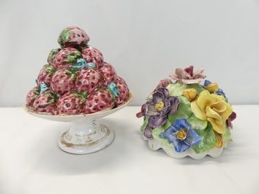 Lot of 2 Vintage Capodimonte China Decorations, Fruit & Flowers