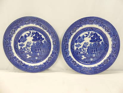 Pair of Antique Flow Blue Allertons Blue Willow Plates: approx. 9 3/4, see photo's