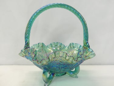 Vintage Fenton Leaf & Lions Iridescent Green Ruffled Basket