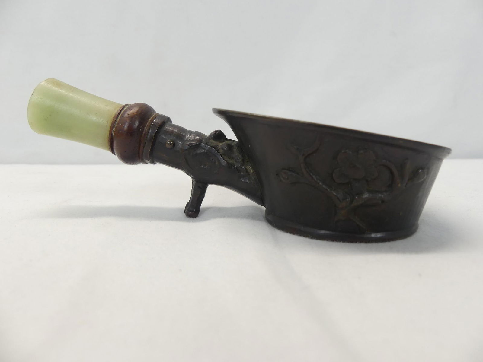 Antique Chinese Silk Iron with Light Green Jade Handle: approx. 5 1/2 long, see photo's
