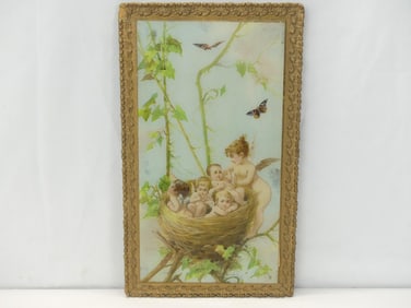 Antique Reverse Lithograph on Glass Cherubs in Bird Nest