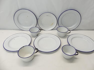 Lot of 10 Vintage Sweden White & Blue Trimmed Enamel Ware