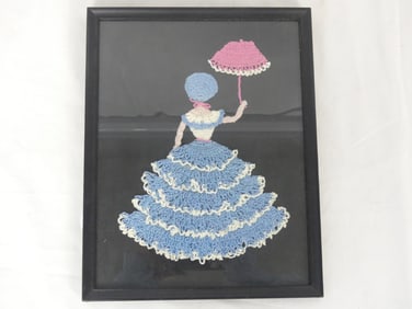 Vintage Crocheted Framed Girl with Umbrella