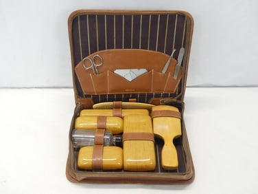 Antique Men's Travel Kit in Case with Celluloid, Glass & Wood